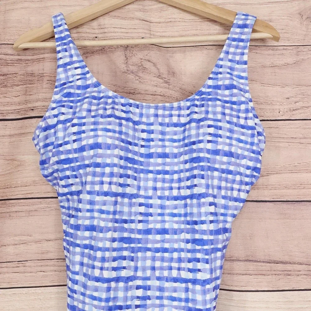 L.L.Bean‎ Swimsuit Womens 12 Long Blue Gingham One Piece UPF 50+ UV Tall